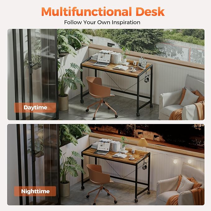 Mericonia 47x20 Inch Small Computer Desk with Wheels & Rear Lip | Simple Rolling Desk, Writing Table for Home Office Bedroom Work Study, Brown