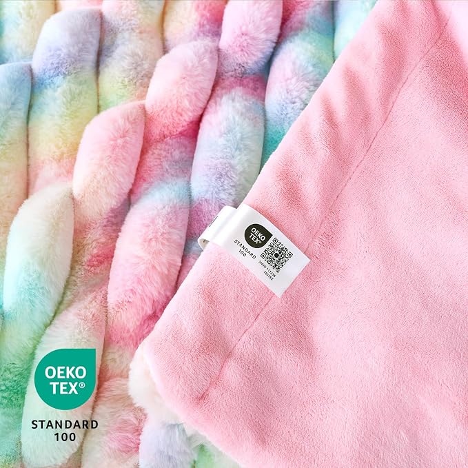 Cozy Bliss Faux Fur Throw Blanket for Couch, Cozy Warm Plush Striped Blanket for Sofa Bedroom Living Room, 90 * 90 InchesTie-dye Rainbow