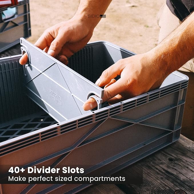 SIDIO CRATE Starter Pack - Two Full Size and One Half Size Heavy Duty Stackable Storage Bins, Totes with Lids and Dividers - Durable Organizer for Home, Office, Garage, and Outdoor Use - Stealth
