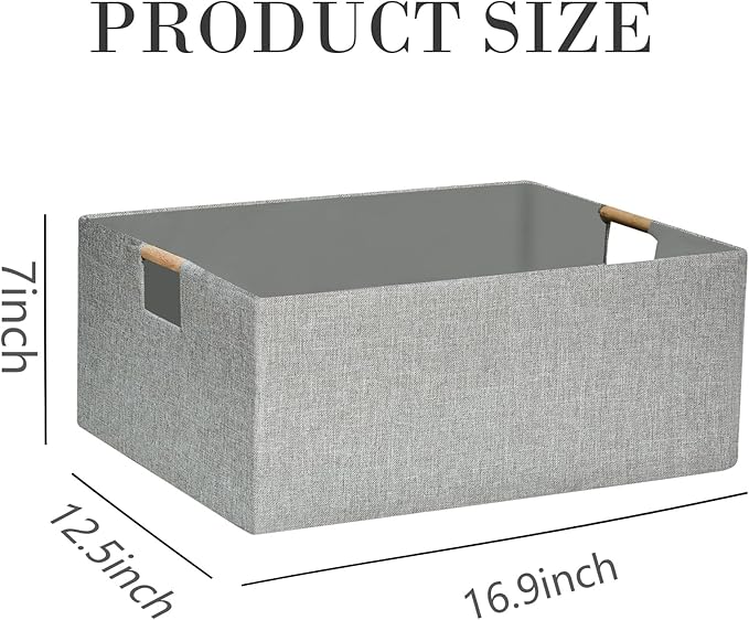 Collapsible Storage Box for Women - Foldable Home Organizer 16.9x12.5x7Inches with Wooden Handles | Closet, Bathroom & Kids Room Storage | Heavy-Duty Linen Fabric 2Pack