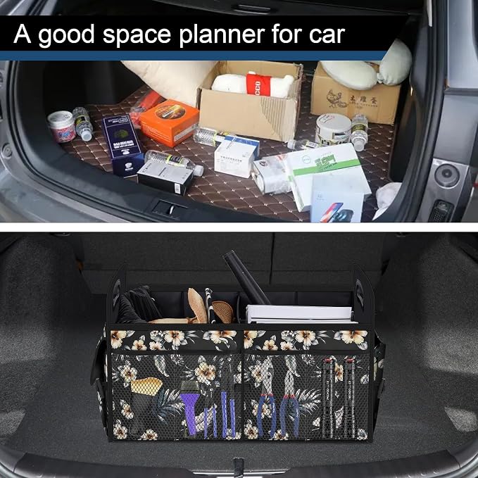 Femuar Car Trunk Organizer,Car Storage Organizer with 72L Large Capacity Waterproof Collapsible and 11 Pockets,Trunk Organizer for Car Suv/Jeep/Sedan, Large Size, Hibiscus flowers