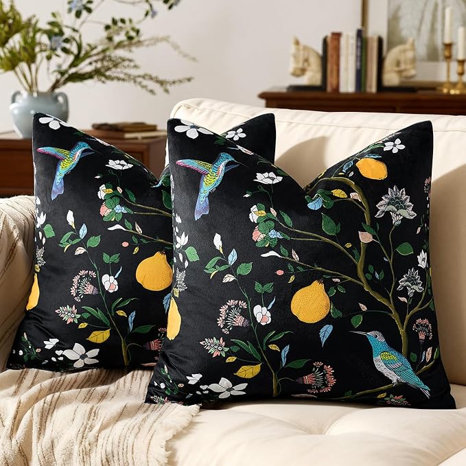 MUSSEL Black Velvet Floral Decorative 20x20 Pillow Covers Set of 2 | Durable Sturdy,Botanical Printed Pattern,Throw Pillows Case,Square,Colorful Mid Century Cushion Covers,Sofa Couch Decor