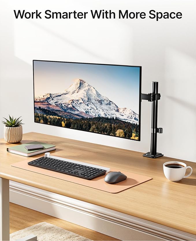 monTEK Extra-Long Monitor Arm for 17-32" Screens, 22 lbs | Articulating desk mount, extended reach, height adjustment, tilt, swivel, clamp/grommet bases and VESA 75/100