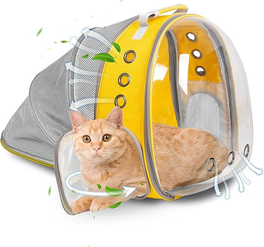 Cat Backpack Carrier Back Expandable Bubble Pet Carrier Backpack for Large Cat, Kitten and Dog, Designed for Hiking, Travelling and Outdoor Use (Back Expandable-Yellow New)