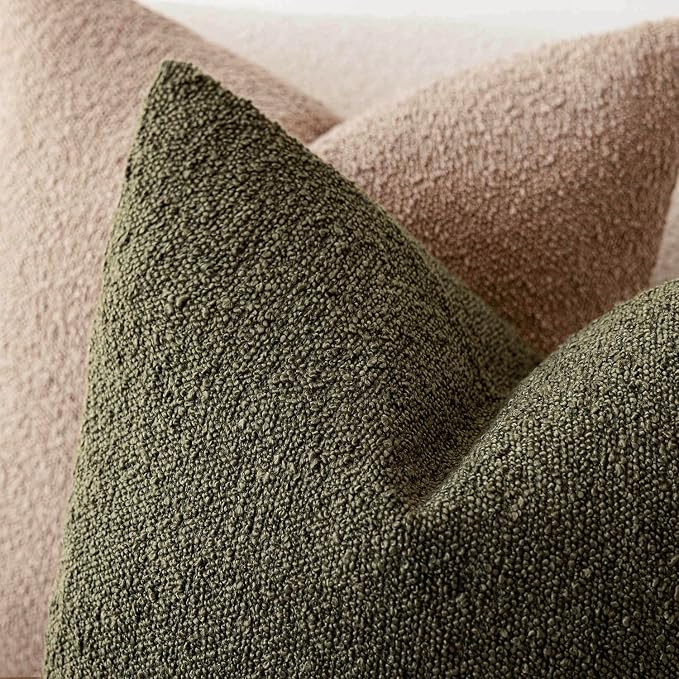 Foindtower Set of 2, Decorative Textured Boucle Throw Pillow Covers Accent Solid Pillow Cases Neutral Soft Cozy Couch Cushion Case for Chair Sofa Bedroom Living Room Home Decor 26x26 Inch Moss Green