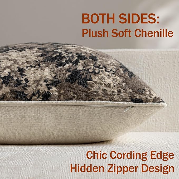 Pack of 2 Vintage Floral Euro Sham Covers 26x26 Boho Farmhouse Accents Chenille Square Decorative Throw Pillow Cases for Living Room Couch Bed Home Decor, Taupe