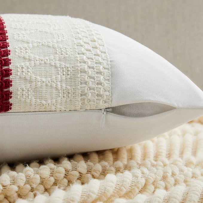 2pk Boho Pillow Covers 22x22, Natural White/Contrast/Red | 100% Organic Cotton Body, Stripe Embroidery, Farmhouse Decorative Cushion Covers for Sofa Bed Living Room Home Decor