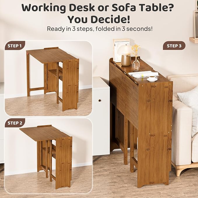 Bamboo Folding Desk for Small Spaces, Small Computer Foldable Desk, Brown | Space Saving Desk for Bedroom Home Office, Mid Century Sofa Table for Couch, Writing Work Office Desk
