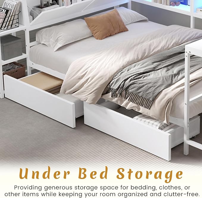 Twin Corner Bed Frame with Desk, LED Lights & Charging Ports, L-Shaped Daybed with Storage Drawers, Bookcase & Open Shelves, Modern Twin Size Daybed for Kids, Teens & Compact Bedrooms,White