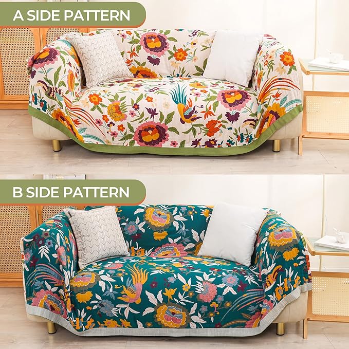 Boho Throw Blanket for Bed Couch 100% Cotton Ultra Soft Large Rustic Quilt King Blanket,Bird Floral Printed Farmhouse Bed Blankets 90"×98", Decorative Reversible Muslin Bed Cover for All Seasons