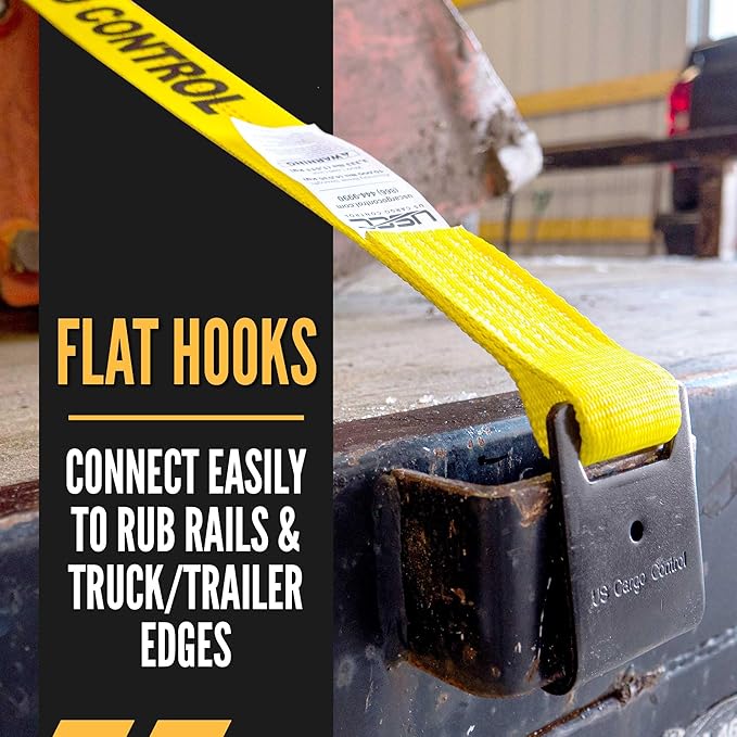 US Cargo Control Flat Hook Ratchet Straps 2 Inch x 27 Foot (4-Pack), Yellow 2 Inch Ratchet Straps Heavy Duty with Black Flat Hooks, 3,333 lbs. Working Load Limit, Tie Down Straps for Trailer, Truck