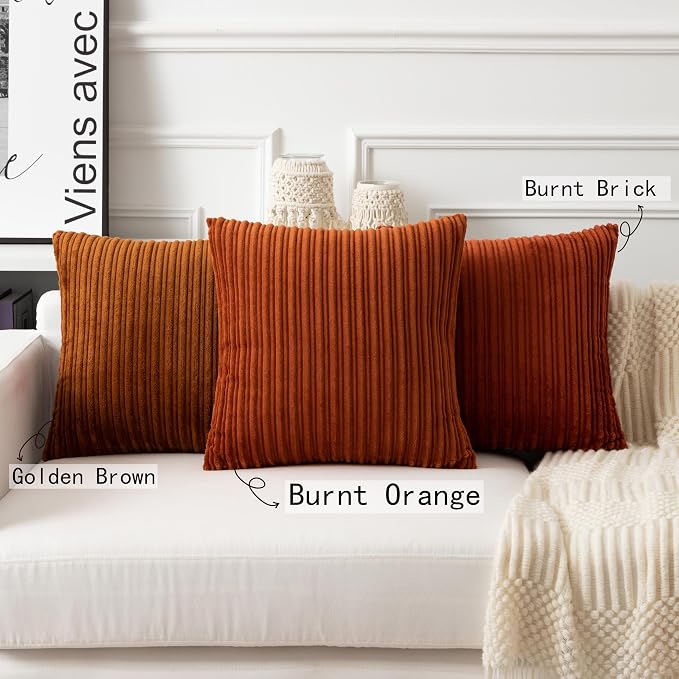UGASA Fall Velvet 26x26 Inch Soft Throw Pillow Covers Decorative Corduroy Striped Both Sides Solid Square Cushion Cases Boho Farmhouse for Couch Bedroom Sofa Home, Pack of 2, Burnt Orange