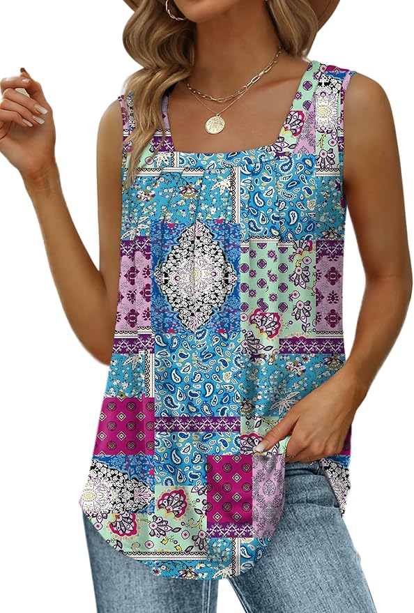 Saloogoe Summer Tank Tops for Women Loose Fit Pleated Square Neck Sleeveless Tops Curved Hem Flowy