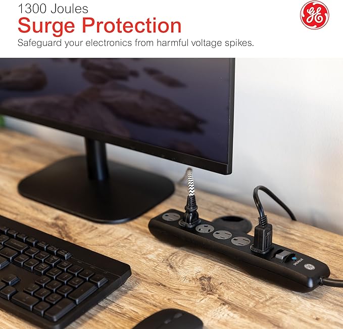 GE Surge Protector Power Strip, 8 Ft Extension Cord, 6 Outlet Extender, 1300 Joules, Flat Plug, Twist-to-Close Safety Covers, ETL Listed, Black, 33662