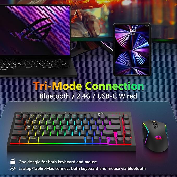 Redragon Wireless Gaming Keyboard and Mouse Combo, 60% Portable, Black | Bluetooth/2.4G/USB-C Wired, RGB Backlit, Quiet Rechargeable Macro Membrane Keyboard & 12800 DPI Mouse for Win/MAC