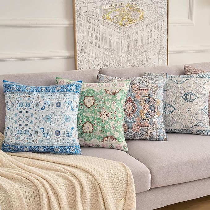 Boho Floral Throw Pillow Covers 18x18 inch Set of 2,Blue Boho Rug Geometric Floral Pattern Decor Double Sided Pattern Cushion Cover Soft Pillow Case Living Sofa Room Bed Square Pillow Cover