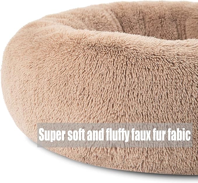 Calming Faux Fur Dog Beds Calming Donut Cuddler Dog Bed Washable Round Cat Bed Pillow Cuddler Fluffy Indoor Dog Calming Beds with Anti Slip Bottom Solid Color Peach Pink 43 Inch