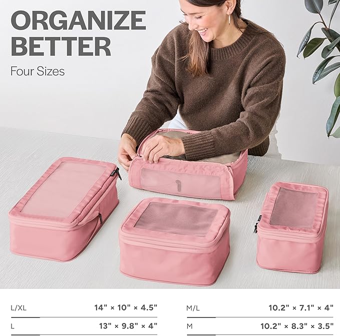 Aerotrunk Compression Packing Cubes for Travel - Luggage Organizer Bags - Double Zipper Packing Cubes for Suitcases (4-Pack, Rose)