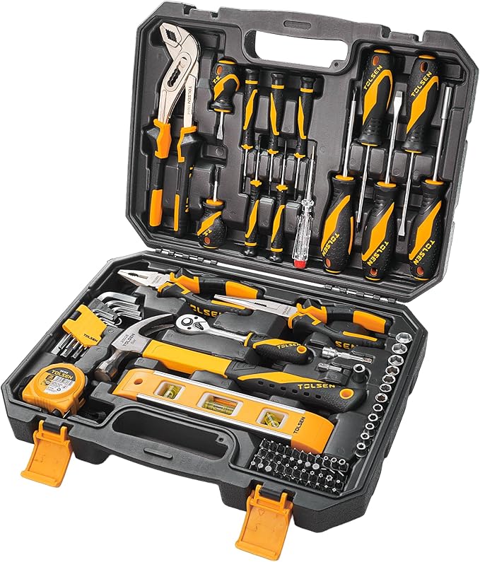 TOLSEN 89-Piece Tool Set Household Tool Kit, Hammer, Screwdrivers, Drill Bits, Socket Wrench, Hex Key, Tape Measure, Plastic Toolbox Storage Case