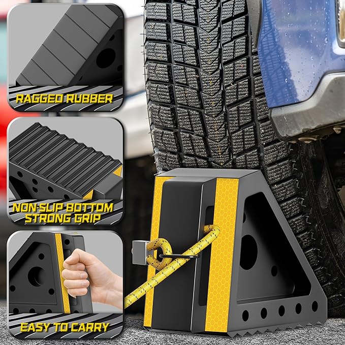 2 Pack Heavy Duty Wheel Chocks with 39" Rope, Rubber Wheel Chocks for Trailers, RV, Cars, Trucks, and ATV