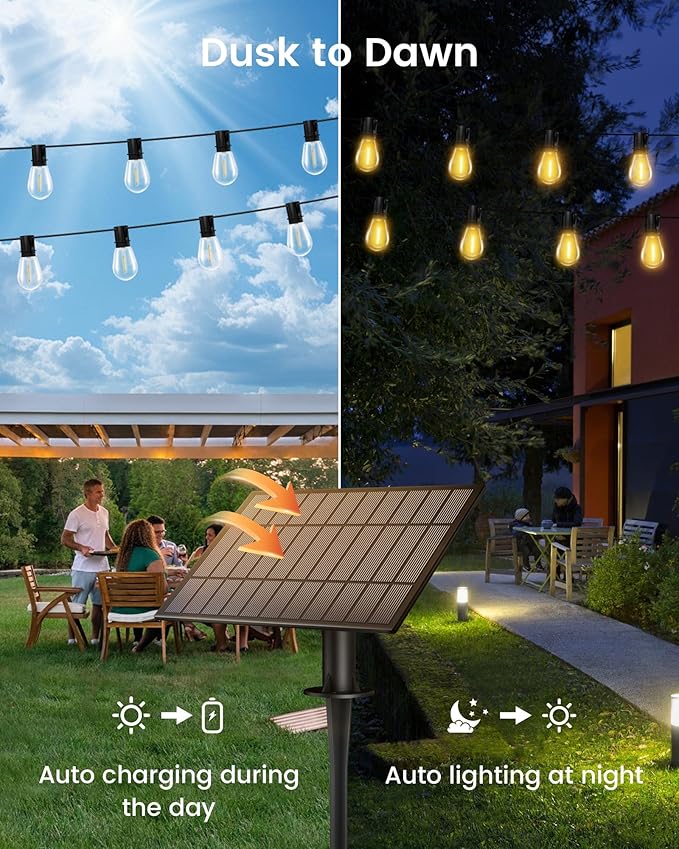 Torkase Outdoor Solar String Lights, 30FT Waterproof S14 LED Patio Lights with 13 Shatterproof Bulbs, USB Rechargeable, 2200K Warm White, Energy-Saving Hanging for Garden, Porch, Bistro, Camping