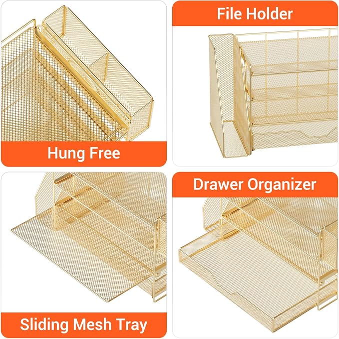 OPNICE Desk Organizers and Accessories, 4-Tier Desktop File Organizer with Drawer and Pen Holders, Office Desk Accessories Workspace Organizers for Office Supplies (Gold)