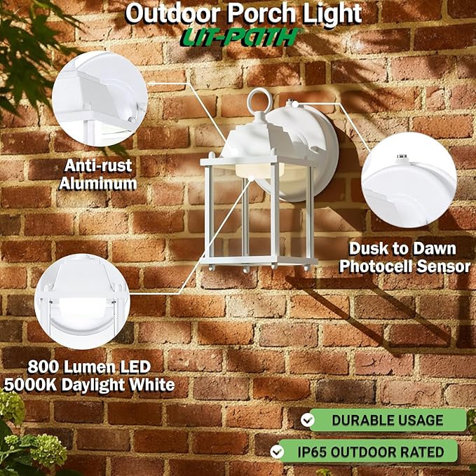 LIT-PaTH Dusk to Dawn Outdoor Wall Lantern, LED Wall Sconce, 5000K Daylight White, 9.5W, 800 Lumen, Aluminum Housing Plus Glass, Outdoor Rated, 2-Pack, White