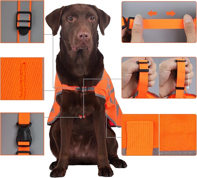 Orange Reflective Dog Vest for XXLarge Breeds, High Visibility Dog Safety Vest Harness with Removable Bell Keep Safe from Hunting, Training & Cars Accidents