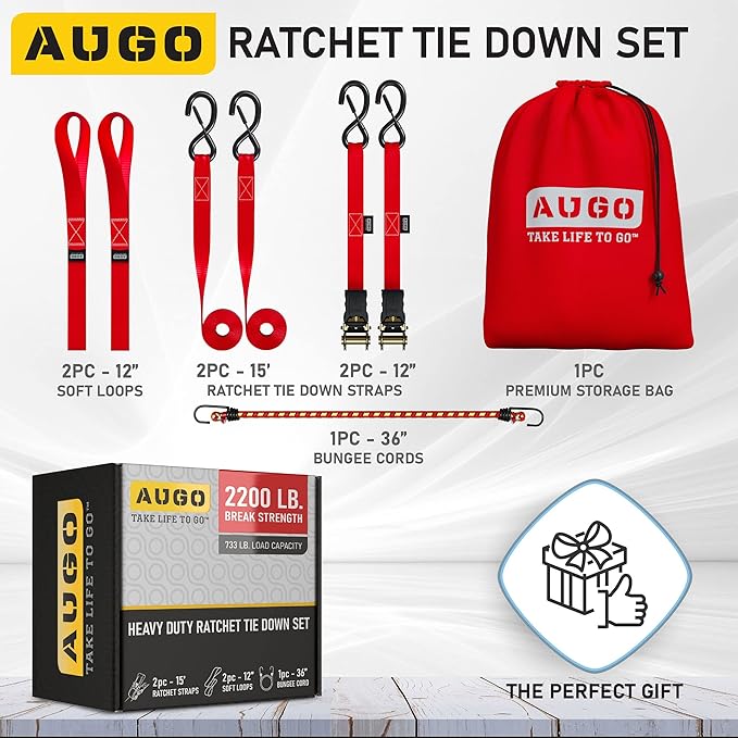 AUGO Ratchet Tie Down Straps -2 PK– 15 FT – 2,200 LB Break Strength – Safety Lock S Hooks –for Moving Cargo, Appliances, Lawn Equipment, Motorcycle – Includes 1 Bungee Cord, 2 Soft Loops, Storage Bag