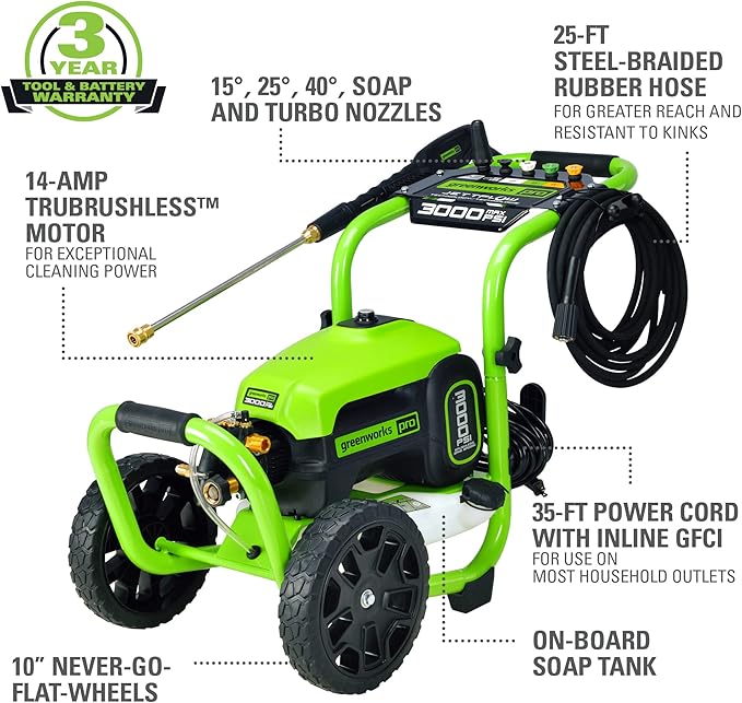 Greenworks Pro Brushless 3000 PSI (CSA Certified) 2.0 GPM Max / 1.1 GPM Electric Pressure Washer (Rugged Steel Frame, 25 FT Hose, 35 FT GFCI Power Cord)