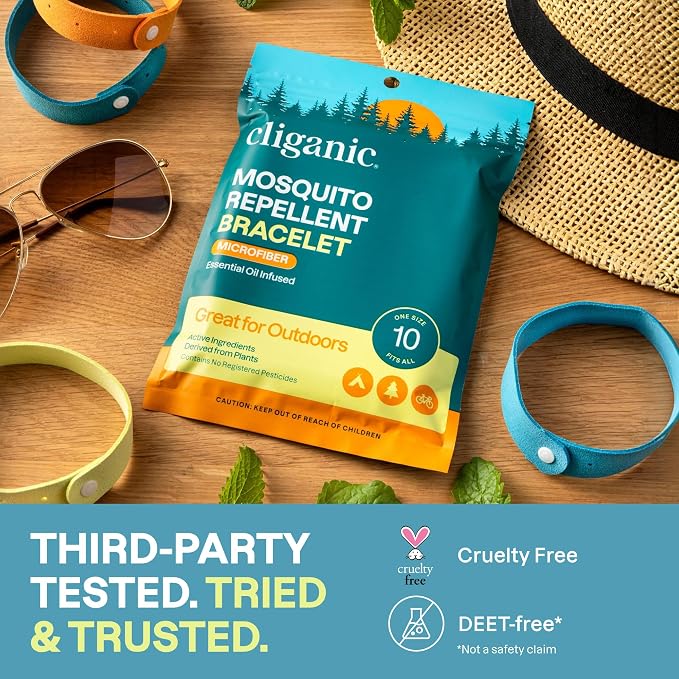 Cliganic Mosquito Repellent Microfiber Bracelets (10 Count) - for Adults and Kids, DEET Free Wristbands