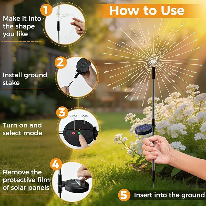 btfarm 10 Pack Solar Garden Lights Outdoor 8 Modes, 120 LED Firework Lights Solar Powered, Waterproof Twinkle Fairy Light Outside for Yard Pathway Lawn Pool Patio Christmas Decorative, Warm White
