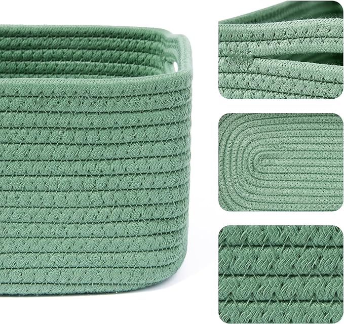 MiniArk Small Storage Baskets for Organizing | Closet Organizer Bins | Shelf Toy Basket | Woven Rope Baskets | Cube Decorative Box | Shallow Basket | 13x8.5x5.1” | 4 Packs Green