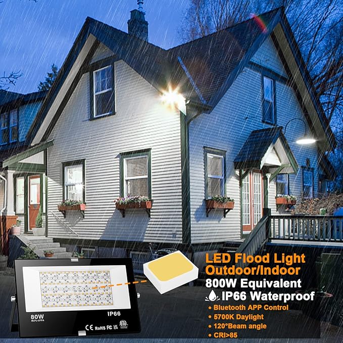 LED Flood Light Outdoor 800W Equivalent 8000LM, Smart RGB Color Changing Landscape Lighting with APP Control, IP66 Waterproof Outdoor LED Lights Daylight 5700K, DIY Scenes, Timing Floodlights, 4 Pack