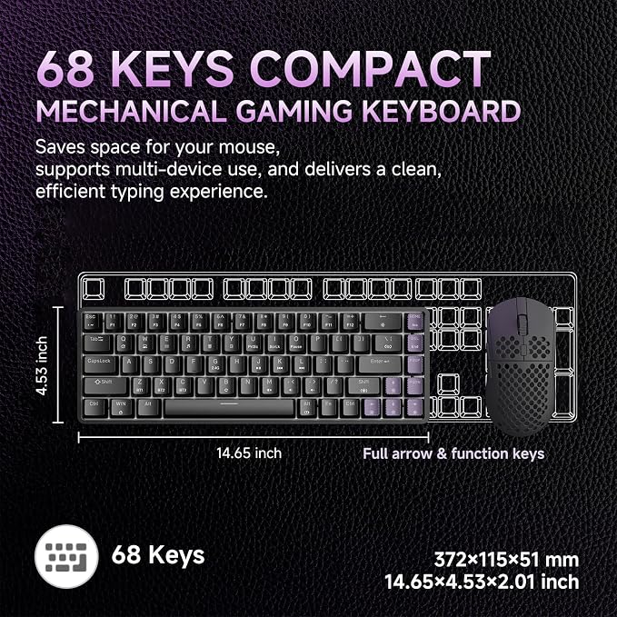 DIERYA DK68 60% Wireless Mechanical Gaming Keyboard, 3-Mode, Bluetooth 5.0/2.4G/USB-C, RGB Backlit, 68-Key Compact Mini for Windows, Mac, Linux - Linear Red Switch - Black
