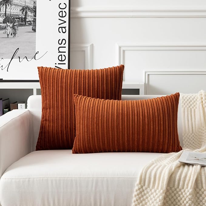 UGASA Fall Velvet 12x20 Inch Lumbar Soft Throw Pillow Cover Boho Farmhouse Decorative Corduroy Striped Both Sides Solid Rectangular Cushion Case for Couch Bedroom Sofa Home, 1 Piece, Burnt Orange