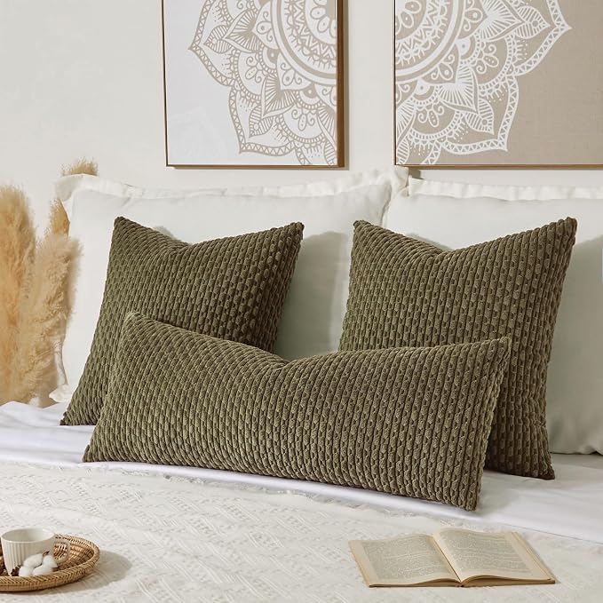 Kevin Textile Soft Corduroy 20"x54" Body Pillow Cover 1 Pack, Olive Green | Boho Stripe Plush Corduroy Decorative Oblong Cushion Cover Modern Farmhouse Home Decor for Sofa Couch Bed Chair