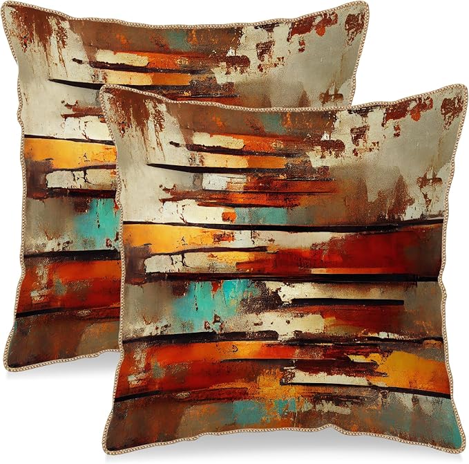 Burnt Orange Teal Rust Soft Velvet Throw Pillow Covers Set of 2 Abstract Vintage Metalic Copper Pillow Covers 16x16 Inch Retro Colorful Pillow Case For Sofa Couch Living Room Farmhouse Home Decor