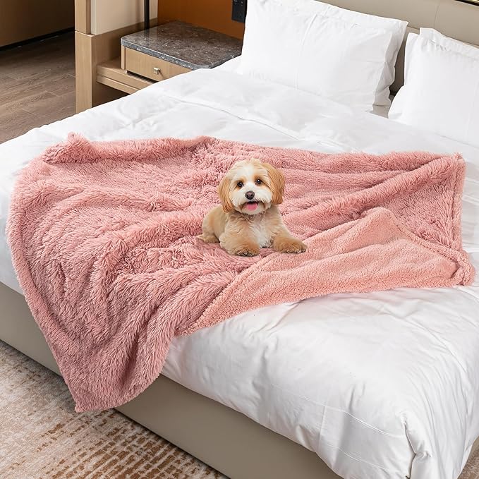 Pink Calming Dog Blanket 57x40in Waterproof Pet Blankets Fluffy Long Faux Fur Cat Throw Blankets for Couch Furniture Protector Love Bed Cover Washable(Pink,M)