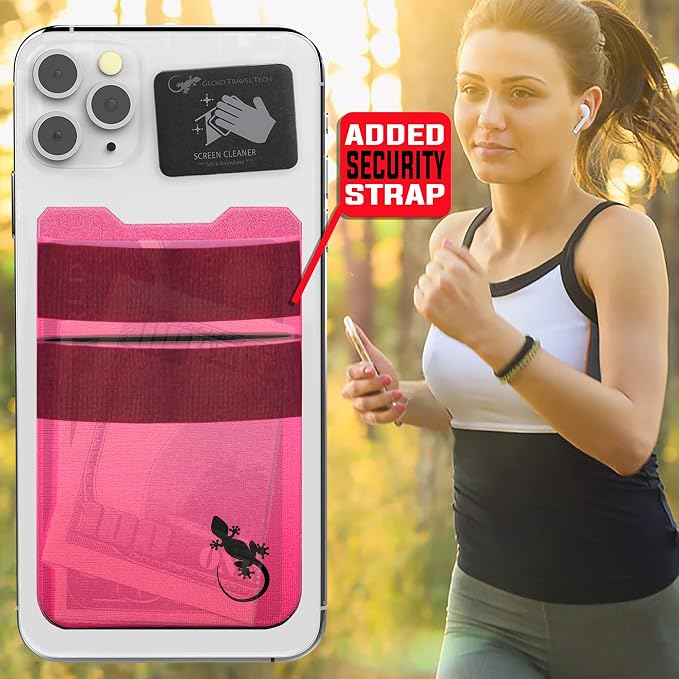 Gecko Travel Tech Double Pocket - Adhesive Card Holder - Cell Phone Pouch - Stick on Spandex Pocket - Carry Credit Cards and Cash (PINK BLACK)