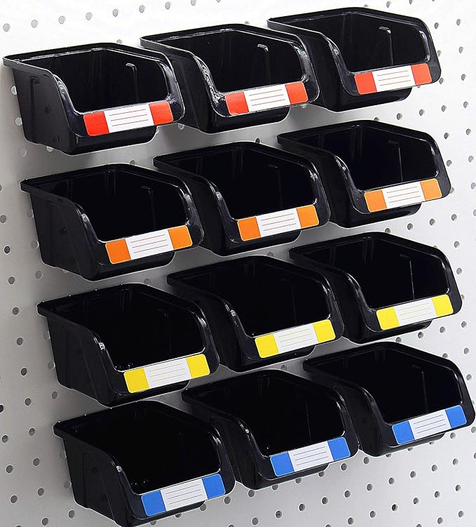Colorstorm Pegboard Bins Kit 12 PACK Black Pegboard Parts Storage Tool Peg Borad Workbench Bins Organize Hardware,Attachments,Accessories (12 Pack)