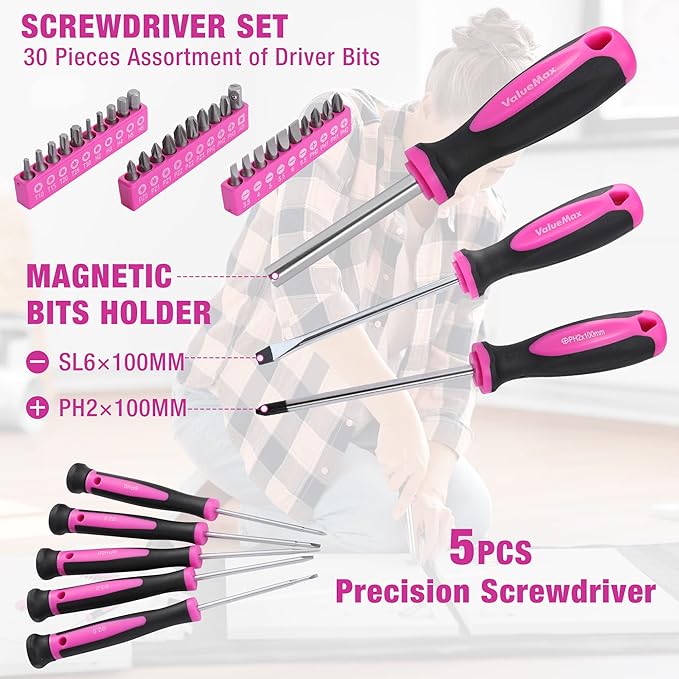 ValueMax Pink Tool Kit, 218-Pieces Home Repairing Tool Set, Household Tool Kit with Wide Mouth Open Storage Bag, Household Hand Tool Set for DIY, Gifts and Basic Home Maintenance