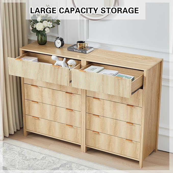 5 Drawer Double Dresser for Bedroom, Modern Wide Chest of Drawers with Fluted Panel Design,Wood Storage Dressers Chest of Drawers for Bedroom Living Room Hallway Closet,Natural,2 Sets