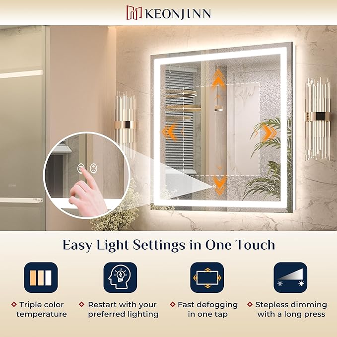 Keonjinn 40" x 24" Lighted Mirror for Bathroom Wall, LED Bathroom Mirror with Lights, Frontlit & Backlit Mirror with Dimmable 3-Color Temperature, HD Tempered Glass, UL-Listed LED Driver