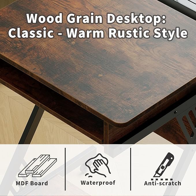 ALISENED Computer Desk for Small Spaces, 23.6" Z-Shaped Compact Study Table with Smooth Keyboard Tray with Wheels and Bottom Shelves for Home Office, Computer Cart Mobile Laptop Cart, Rustic Brown | 23.6" Z-Shaped, with Wheels and Bottom Shelves, for H...
