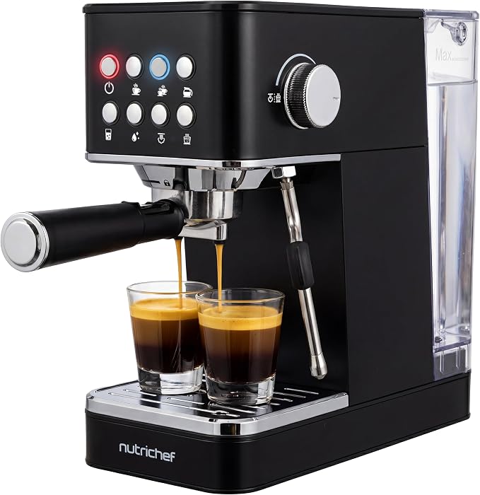 NutriChef 20-Bar Espresso Maker With Milk Frother | Removable 1.8 Quart Water Tank | Coffee Maker for Brewing Espresso, Cappuccino, Latte, Americano & Cold Brew Coffees | Black