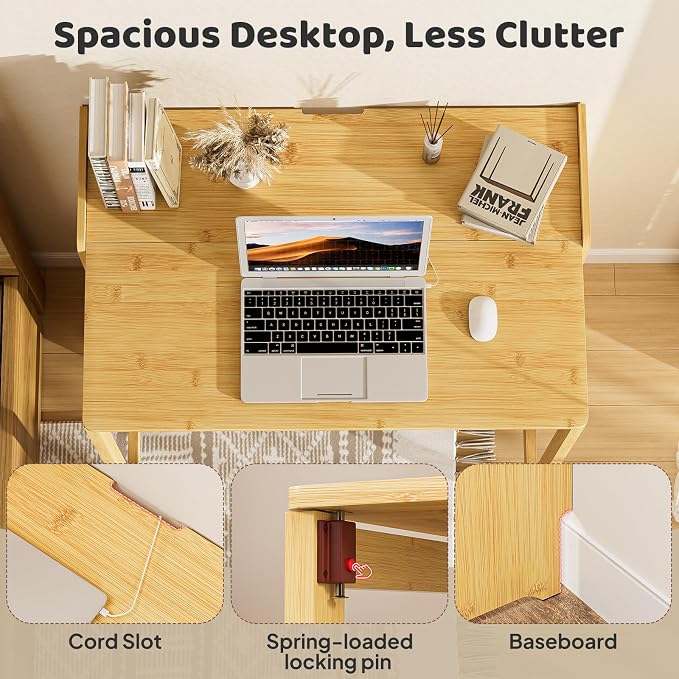 Bamboo Folding Desk for Small Spaces, Small Computer Foldable Desk, Natural | Space Saving Desk for Bedroom Home Office, Mid Century Sofa Table for Couch, Writing Work Office Desk