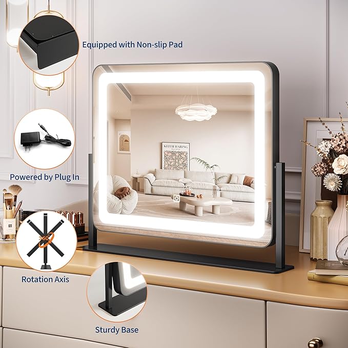 IDEALHOUSE Vanity Mirror with Lights, 20"x17" Lighted Makeup Mirror, LED Desk Mirorr with 360° Rotation, Dimmable 3 Modes, Smart Touch Control for Bedroom or Tabletop(Square,Black)