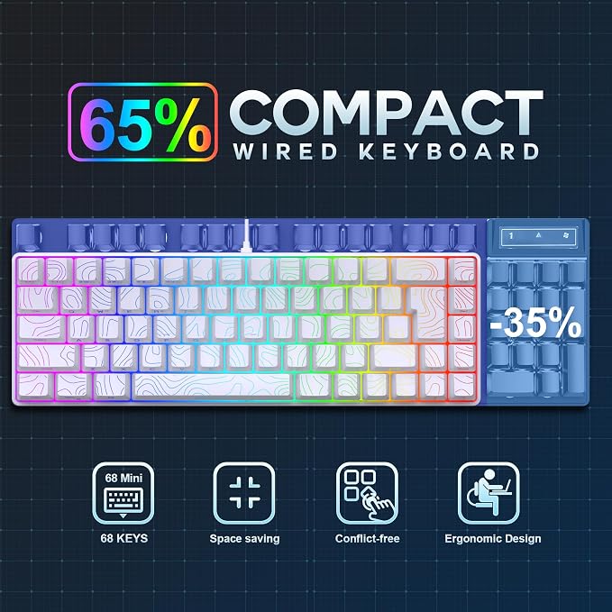 Snpurdiri 65% Wired Gaming Keyboard, 68 Keys RGB (Contour-line, White) | Backlit Ultra-Compact Small Gaming Keyboard, for PC/Mac Gamer, Typist, Travel, Easy to Carry on Business Trip