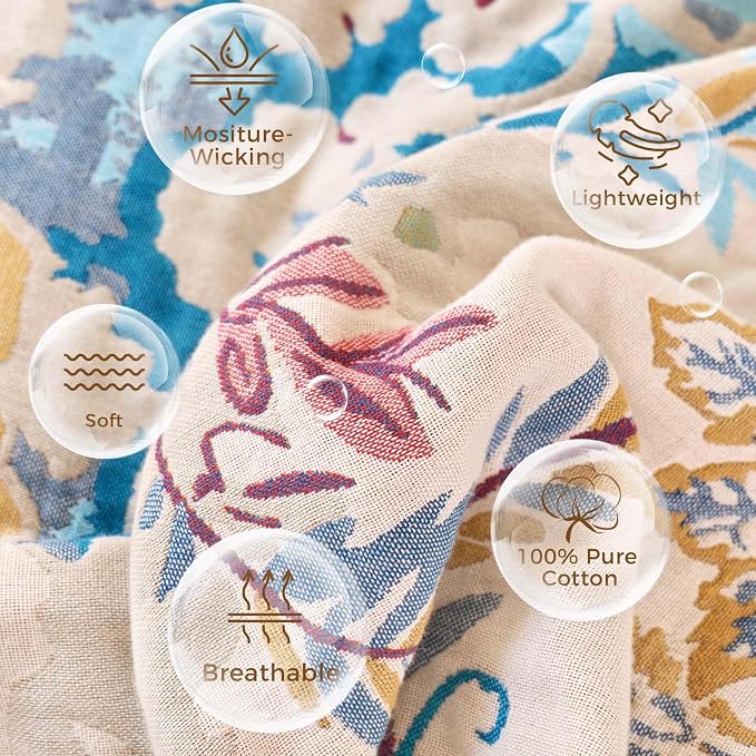LUTBM Boho Throw Blanket for Bed 60"x80", All Season Cotton Couch Blankets | Reversible Floral Leaves Jacquard, All-Season Twin Lightweight Breathable Quilt, For Chair Sofa Bedroom Living Room Decor